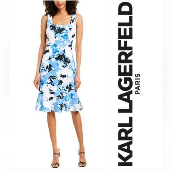 Karl Lagerfeld Dresses & Skirts - Karl Lagerfeld Blue & White Floral Print Ruffle Hem Sleeveless Sheath Sz 2